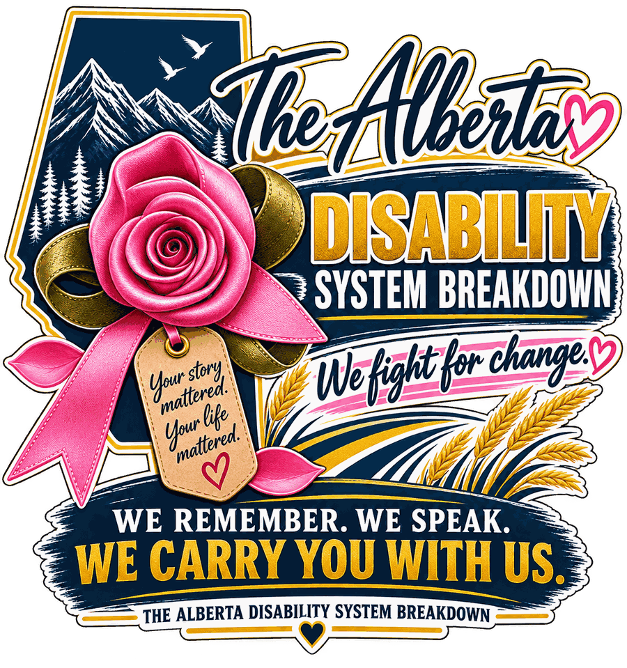 The Alberta Disability System Breakdown — a pink ribbon rose over the Alberta map, with the words We fight for change. We remember. We speak. We carry you with us.