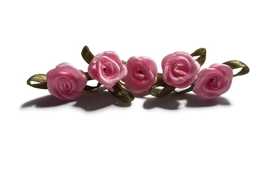 Five handmade pink ribbon rose pins with green leaves