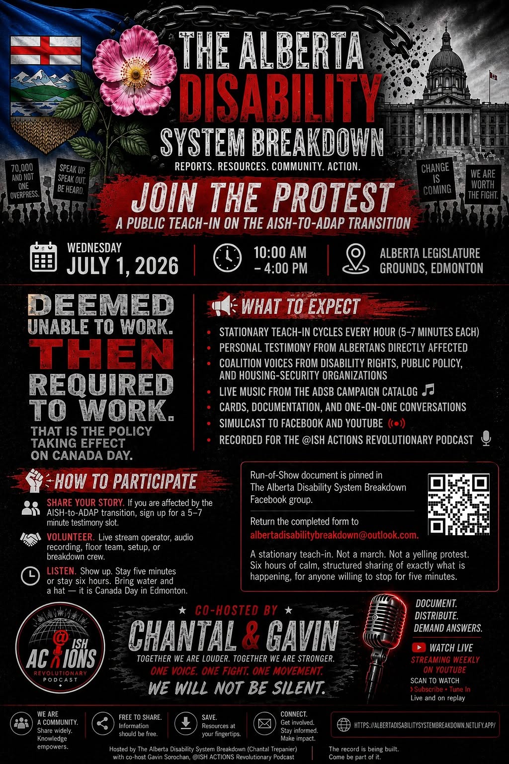 Join the protest: a public teach-in on the AISH-to-ADAP transition. Wednesday, July 1, 2026, 10 AM to 4 PM, Alberta Legislature Grounds, Edmonton. Co-hosted by Chantal and Gavin.