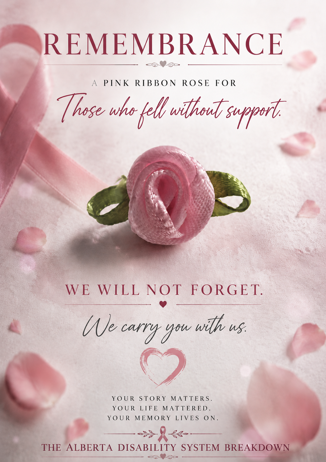 A pink ribbon rose, in remembrance of those who fell without support. We will not forget. We carry you with us.